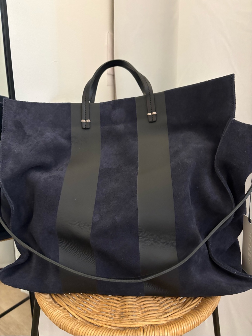 Clare V Navy Suede Leather Racing Stripe Simple Tote Bag NWT